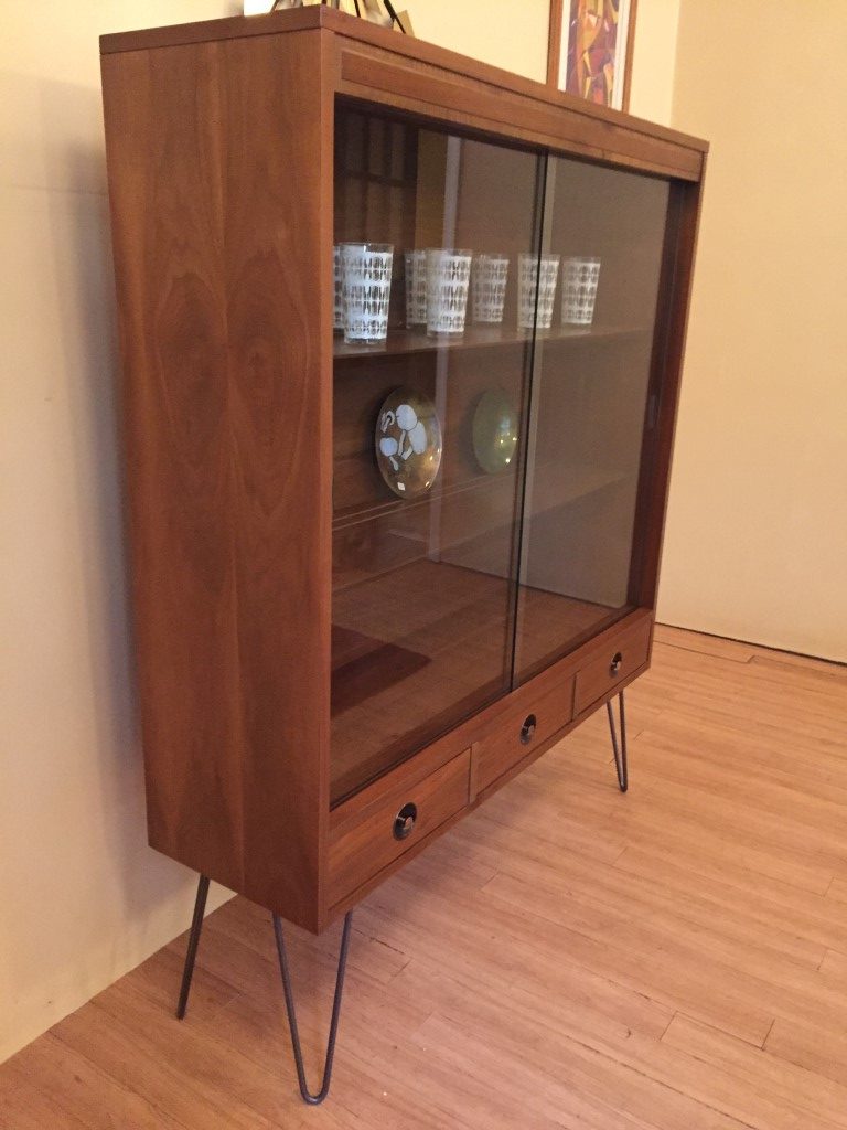 mid century modern glass fronted display cabinet with drawers