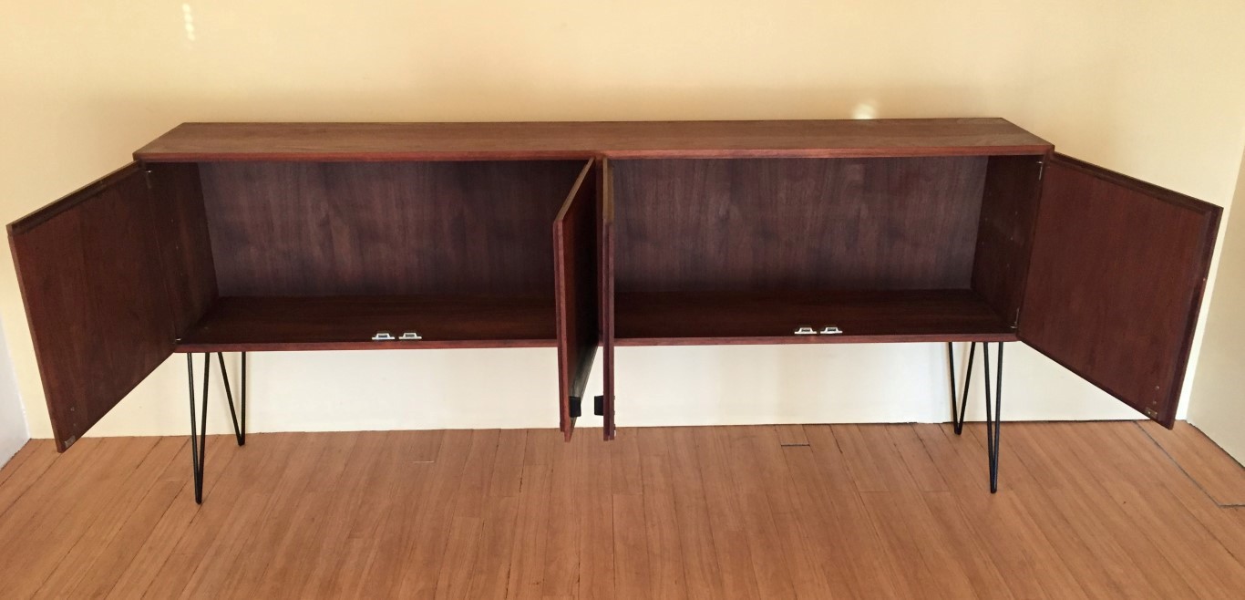 vintage walnut credenza leather accents hairpin legs