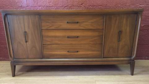 mid century modern credenza walnut two doors three drawers vintage furniture