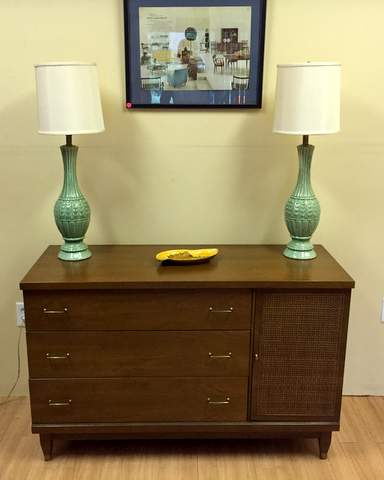 mid century modern pecan credenza with rattan and brass
