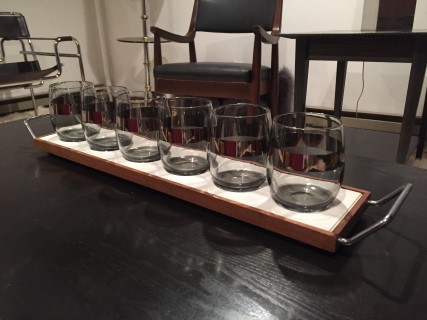 vintage set of 8 lowball glasses with wood tray