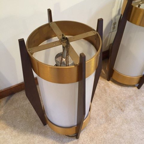 large mid century modern walnut brass glass cylindrical pendant lamps