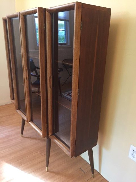 mid century modern walnut display cabinet glass fronted