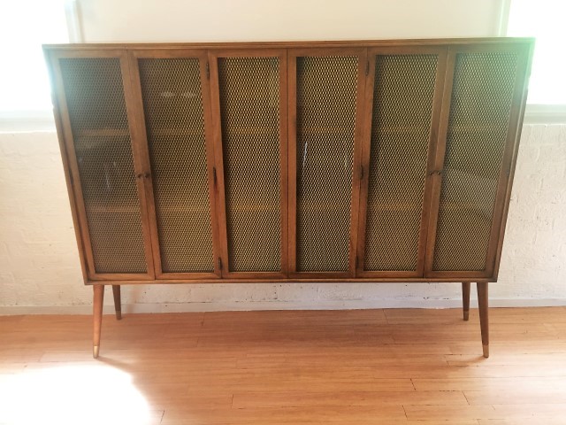 Mcm Decorative Walnut Display Cabinet With Bronze Wire Mesh Screen