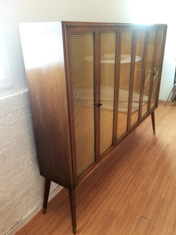mid century modern display cabinet bronze wire mesh screen tapered legs
