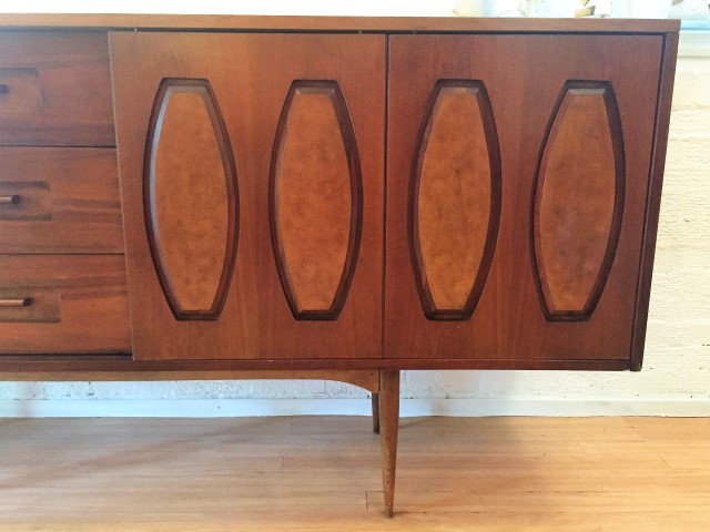 mid century modern walnut triple dresser sliding panels glass front drawers by Young