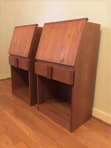 Danish modern teak side table with drop front and drawer