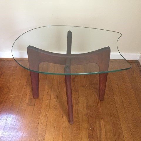 mid century modern pearsall style walnut base glass topped accent table