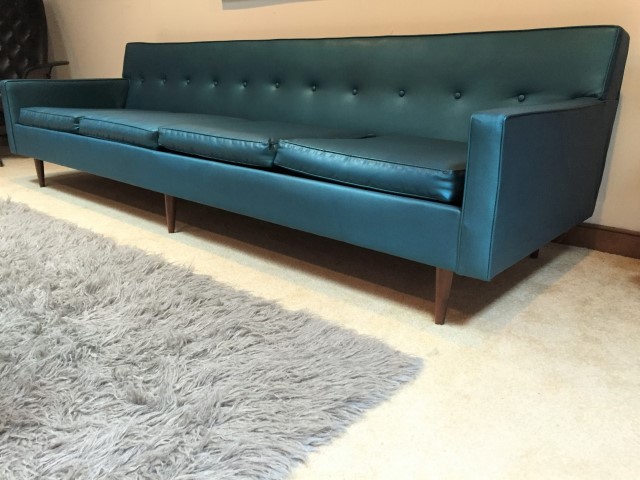 mid century modern teal naugahyde four seat sofa