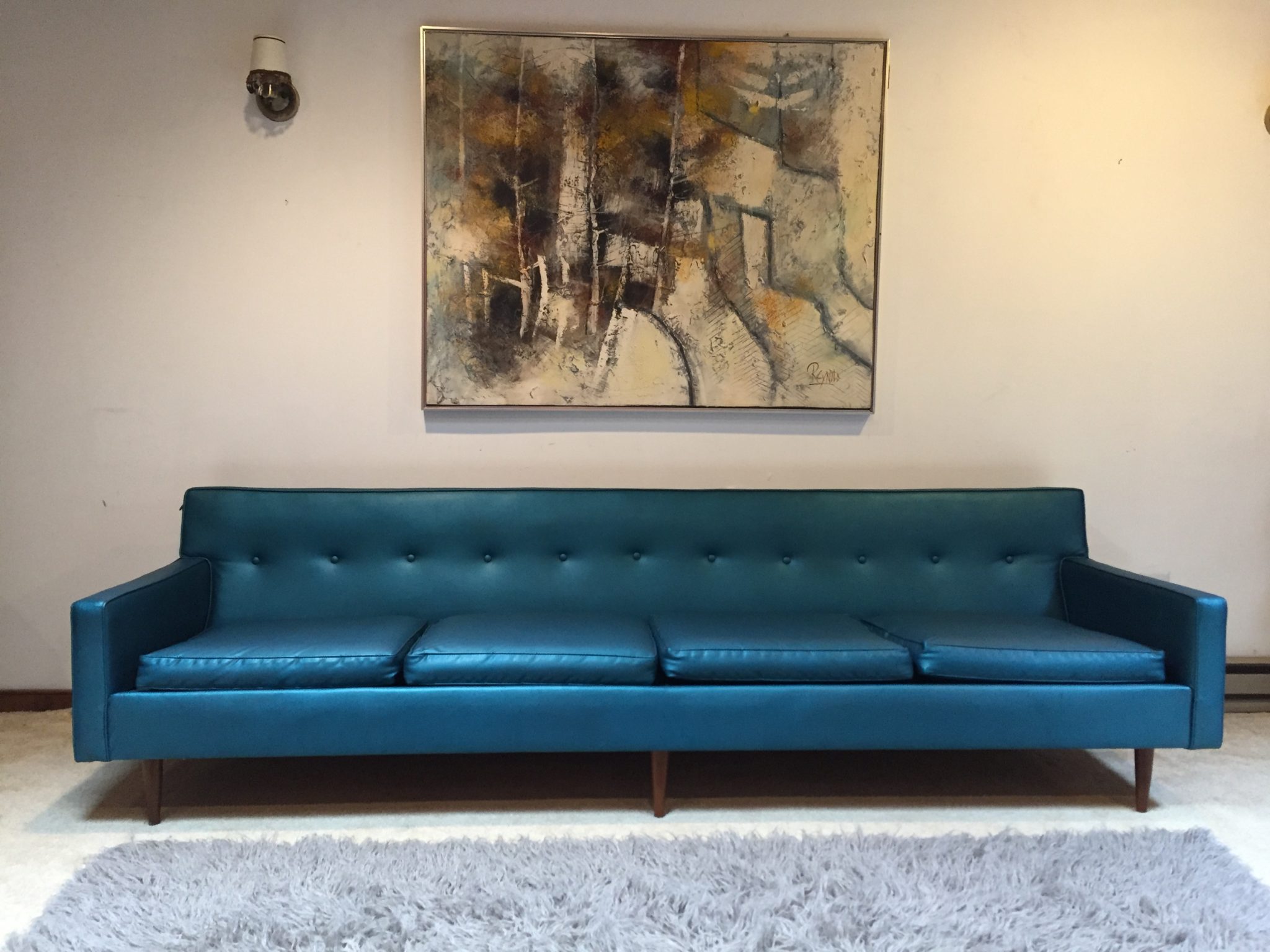 mid century modern teal naugahyde four seat sofa