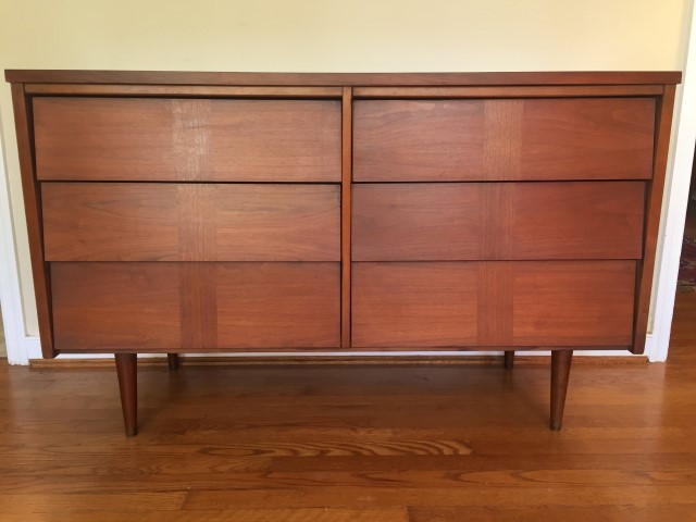 mid century modern lowboy dresser walnut six louvered drawers formica top