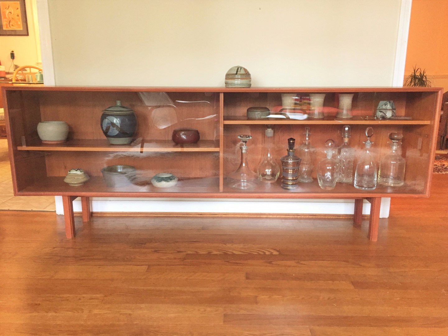 mid century Danish modern glass front media console credenza sideboard