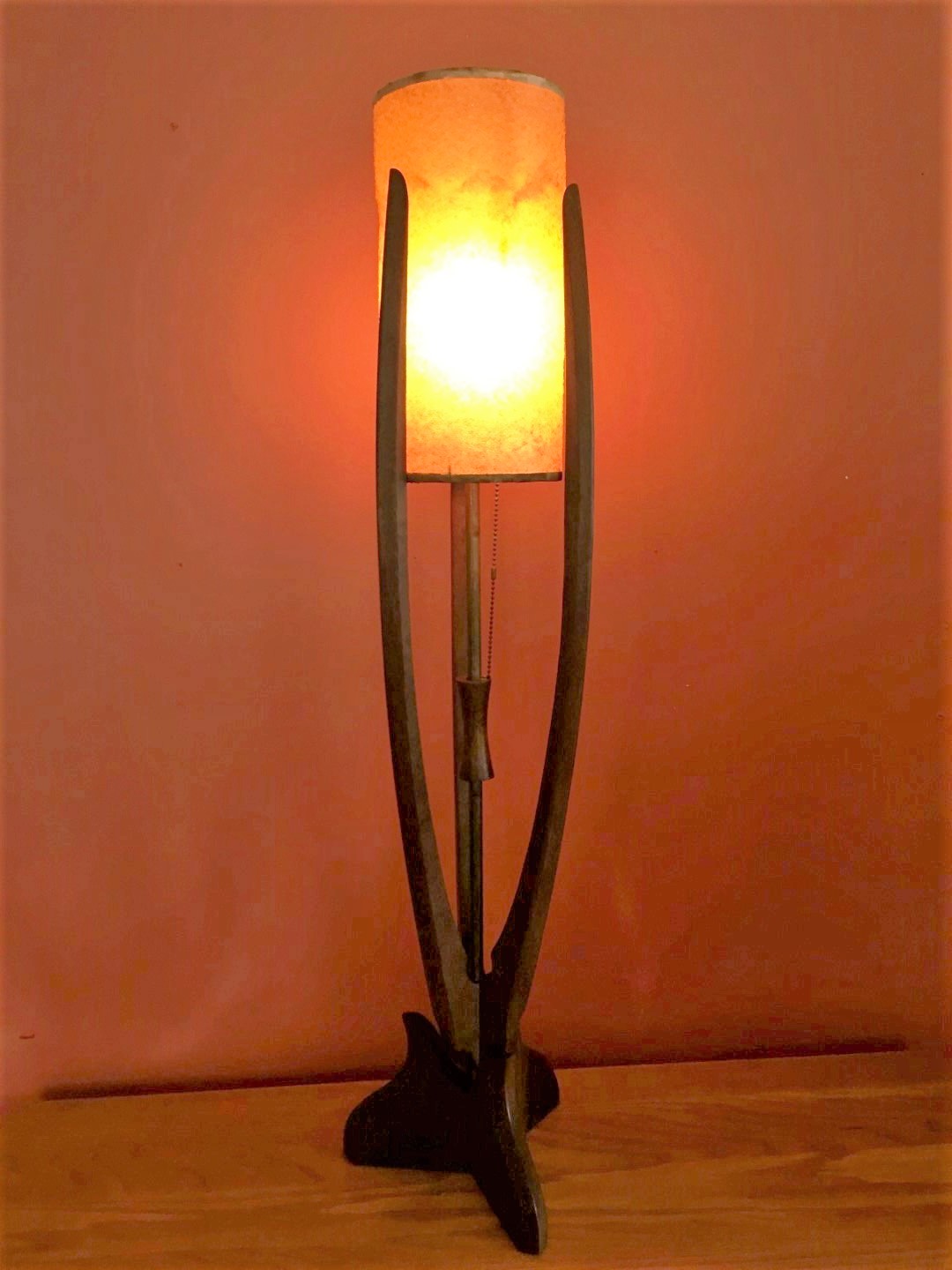mid century modern vintage sculptural mahogany lamp fiberglass shade
