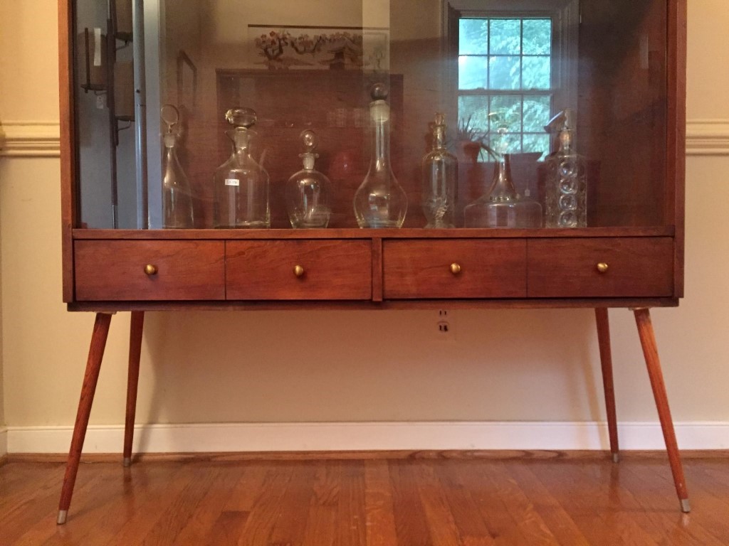 Mid Century modern walnut display cabinet glass doors lower drawers splayed legs