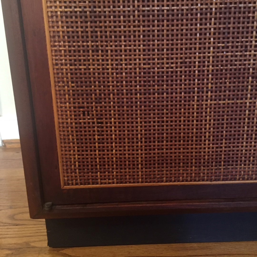 mid century modern walnut and rattan record storage cabinet 