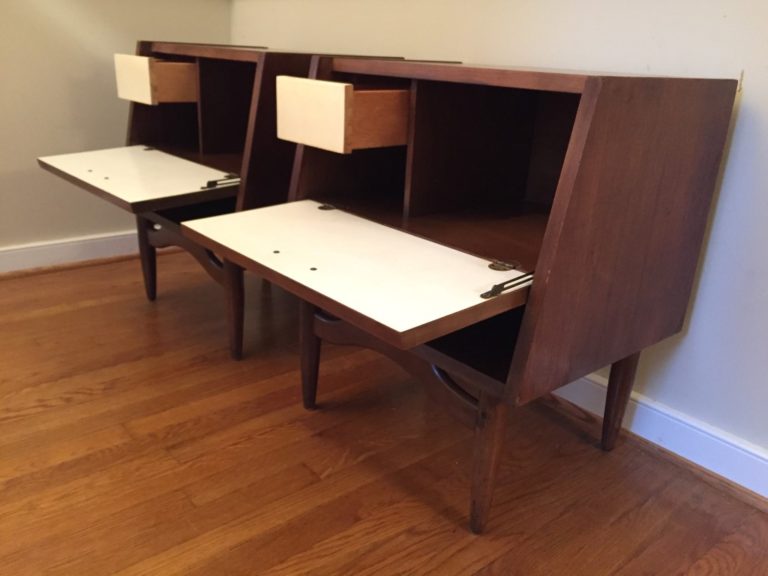 Drop Front Walnut Nightstands from the Dania Collection by American of