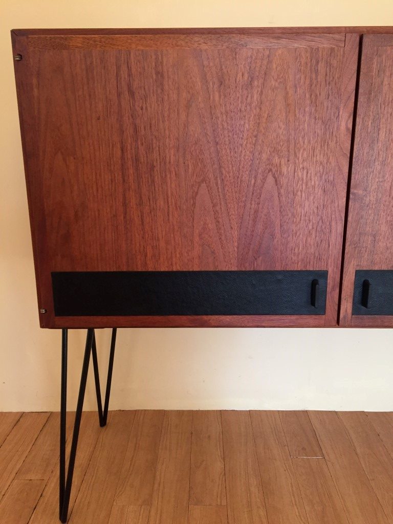 vintage walnut credenza leather accents hairpin legs
