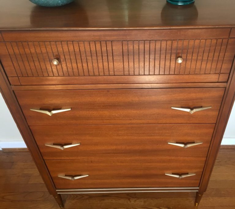 Mid Century Modern Walnut Highboy Dresser Brass Pulls EPOCH