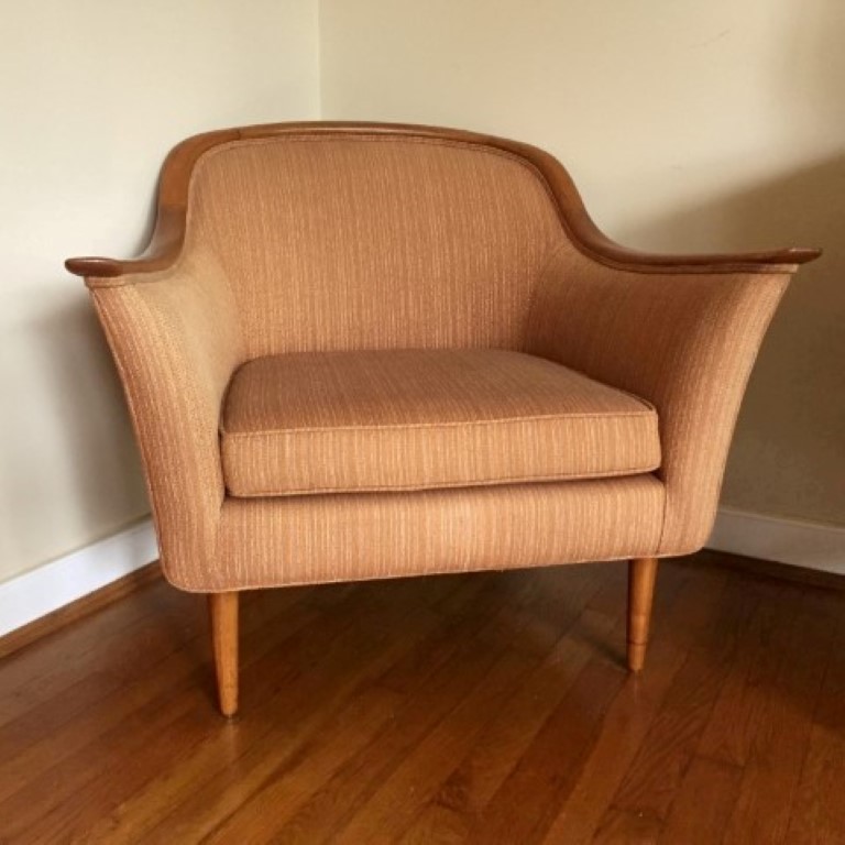 mid century modern upholstered armchair teak wood accents