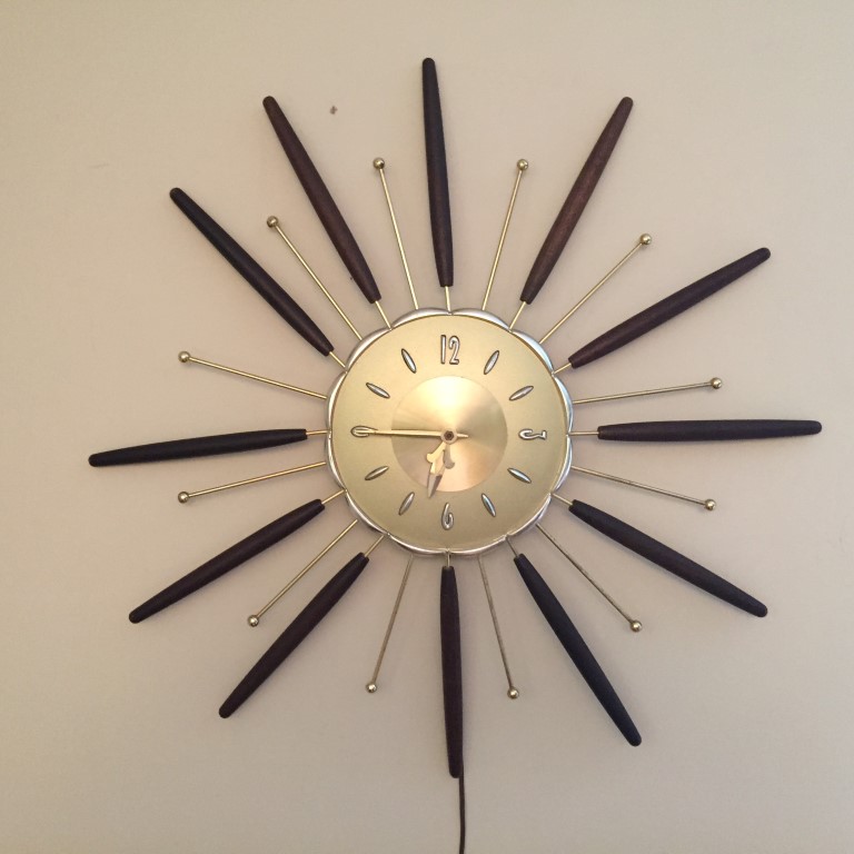 mid century modern starburst walnut brass wall clock