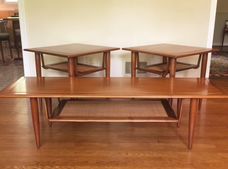 mid century coffee table end tables suspended rattan shelf