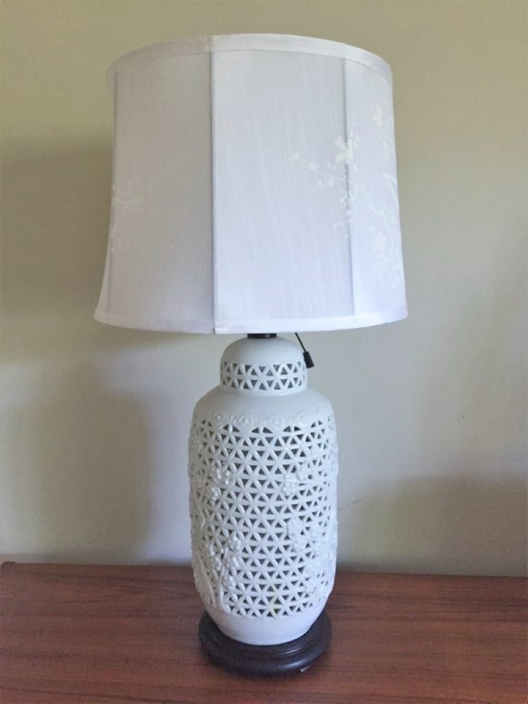 blanc de chine porcelain table lamps hand painted silk shades mid century