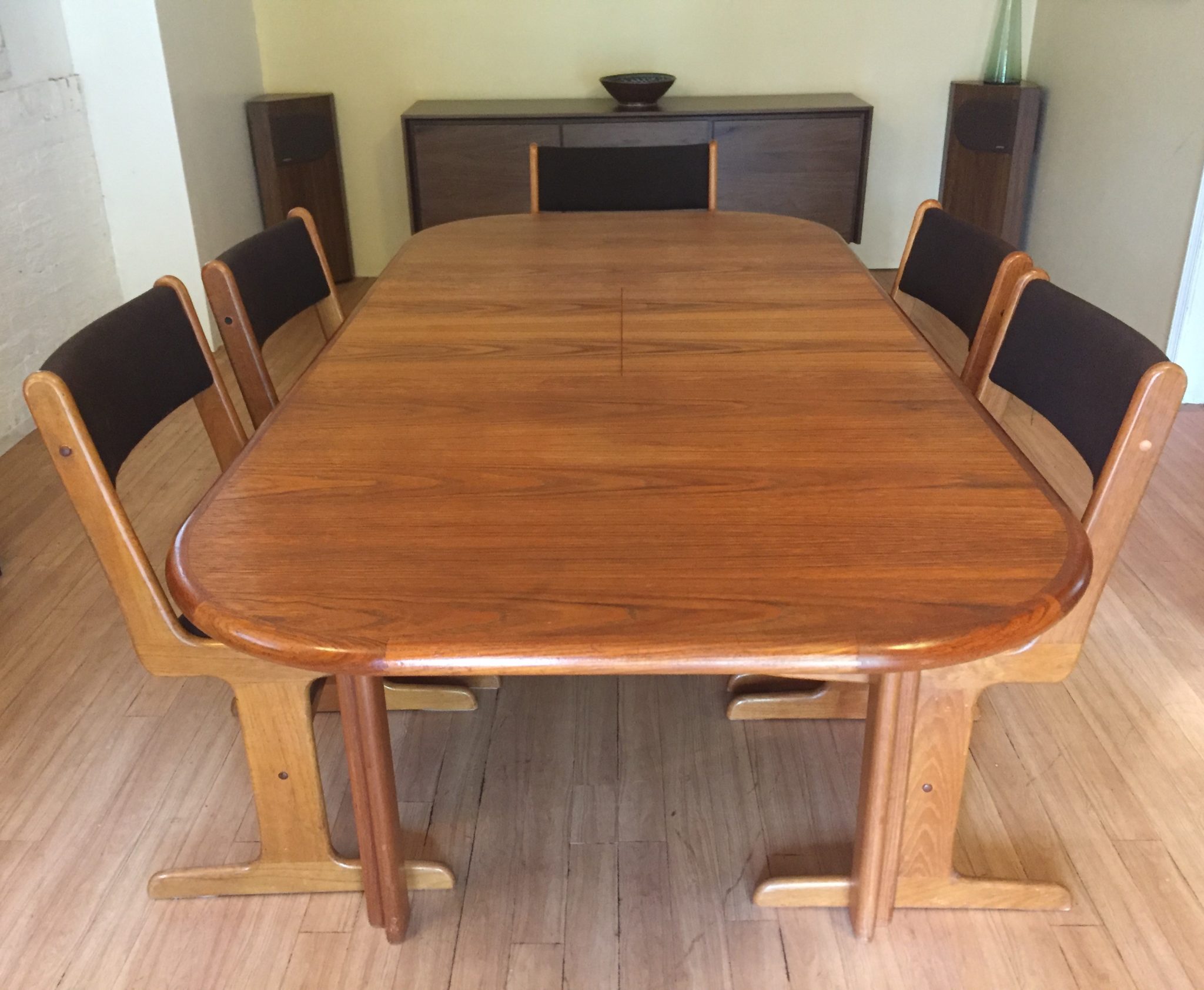 Mid Century Modern Teak Dining Set with Dark Chocolate Upholstered Chairs - Image 2