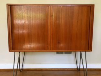teak tambour door storage record album cabinet mid century modern danish scan