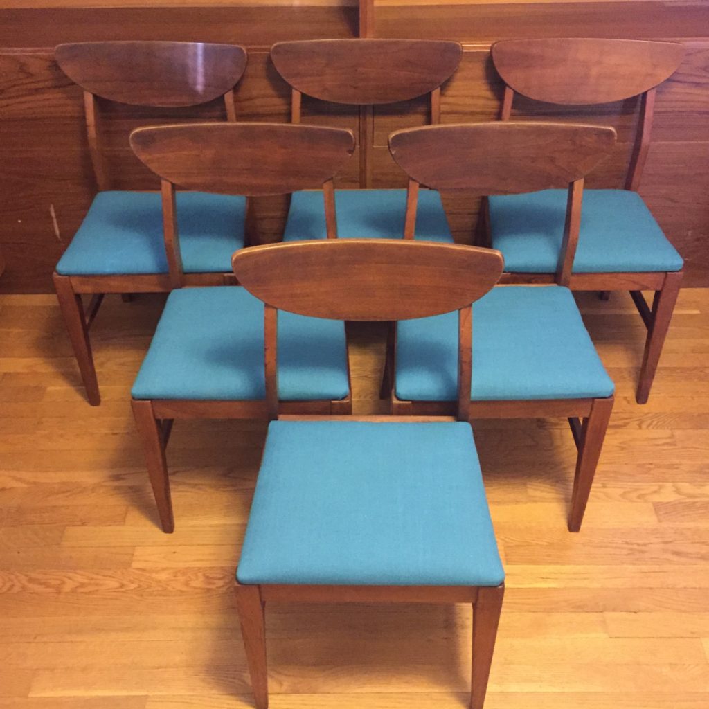 Mid Century Modern Walnut Dining Chairs with Teal Upholstery, Set of 6
