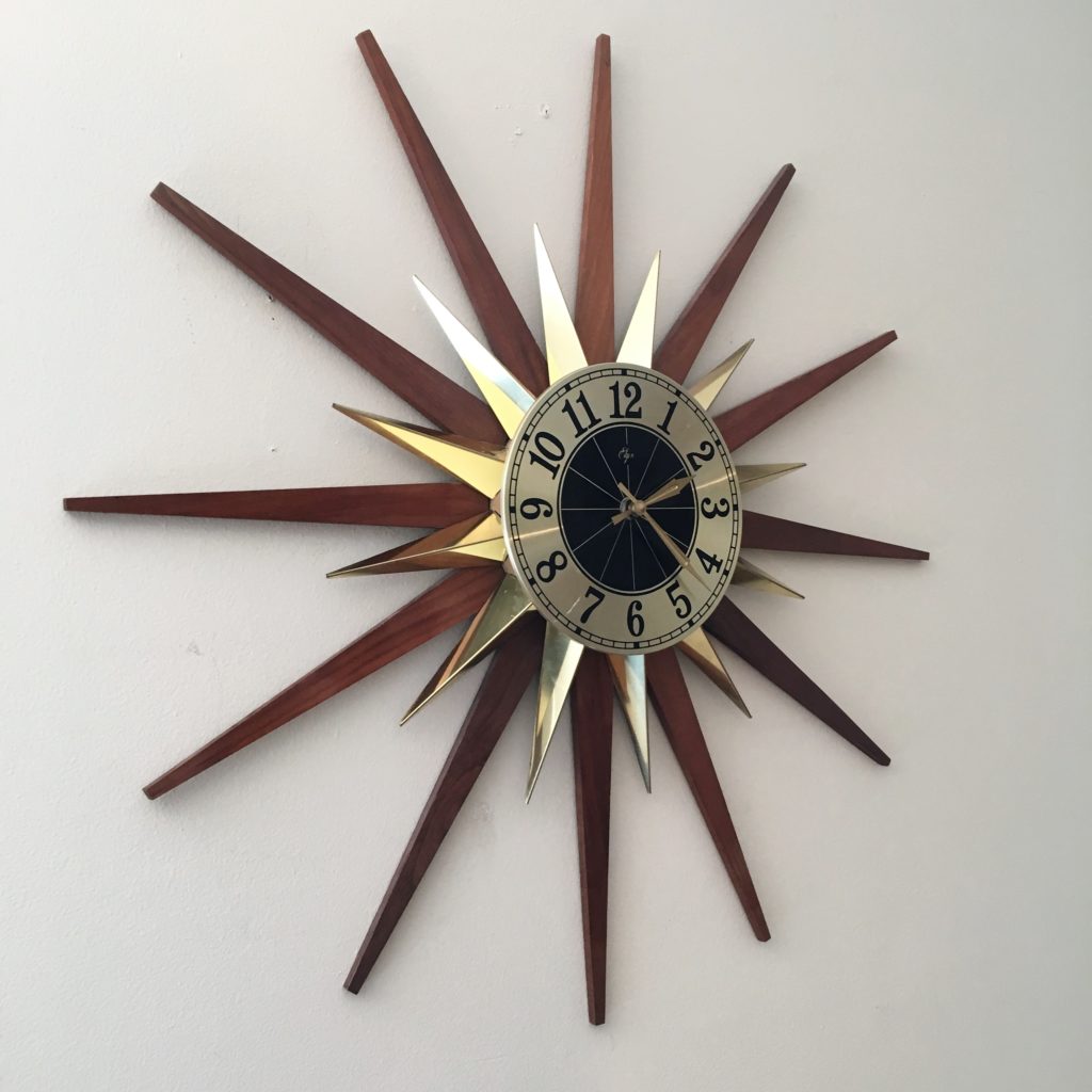 Mid Century Modern Starburst Wall Clock, Walnut & Brass EPOCH