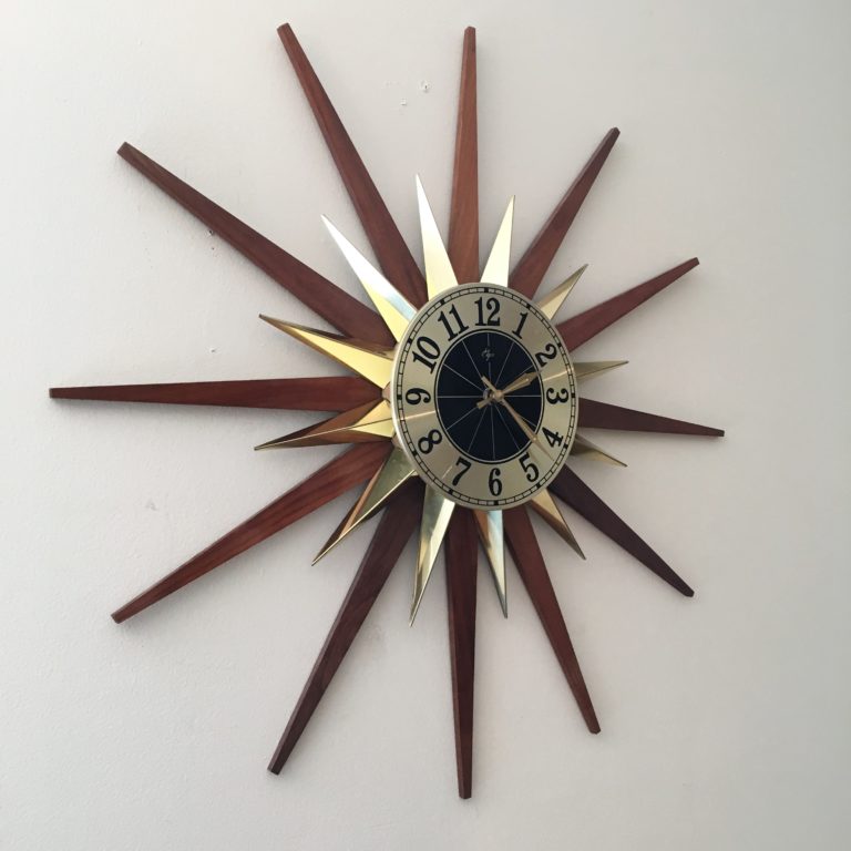 Mid Century Modern Starburst Wall Clock, Walnut & Brass EPOCH