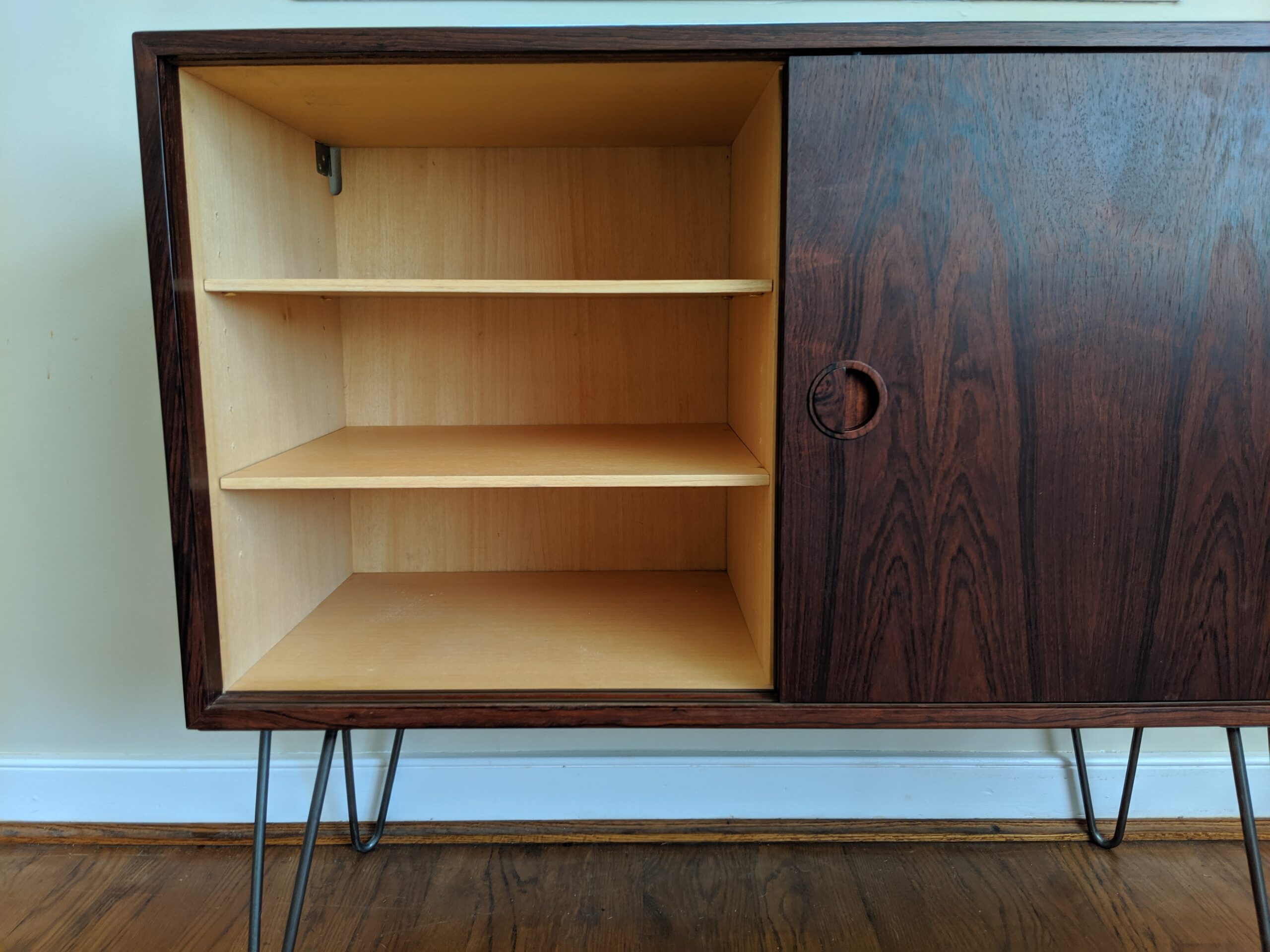 Mid Century Danish Modern Rosewood Media Cabinet, Interior Shelving, Hairpin Legs - Image 4