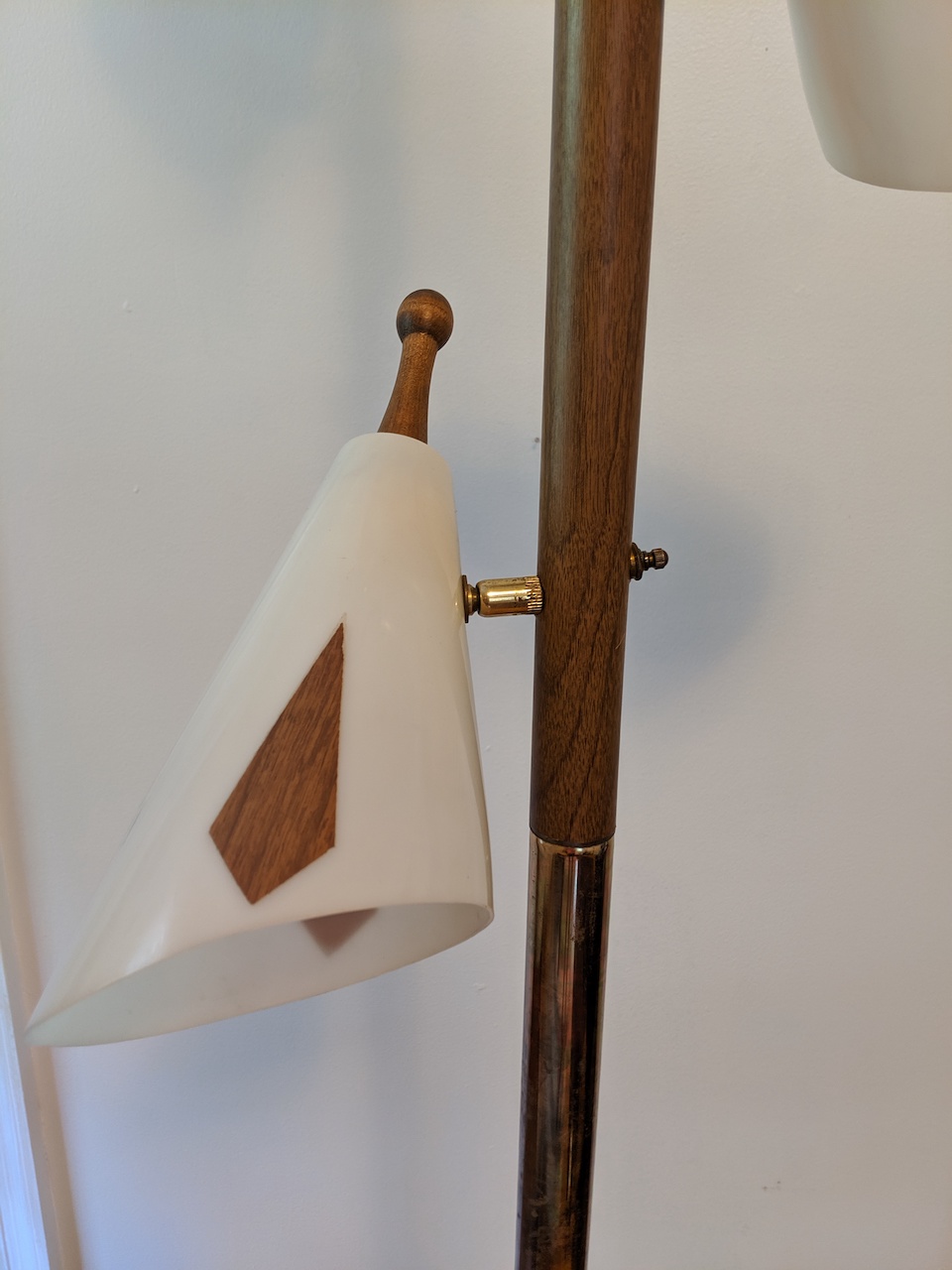 Mid Century Modern Ivory, Walnut Tension Rod Pole Lamp