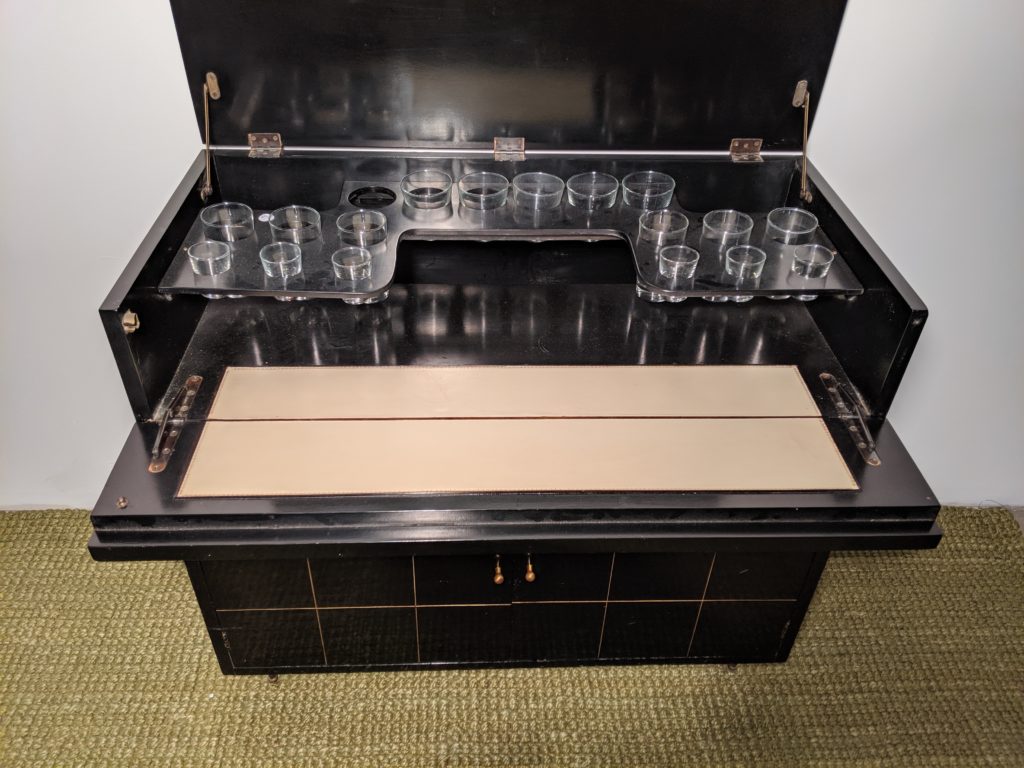 Vintage Black Lacquered Drop Front, Flip Top Liquor EPOCH