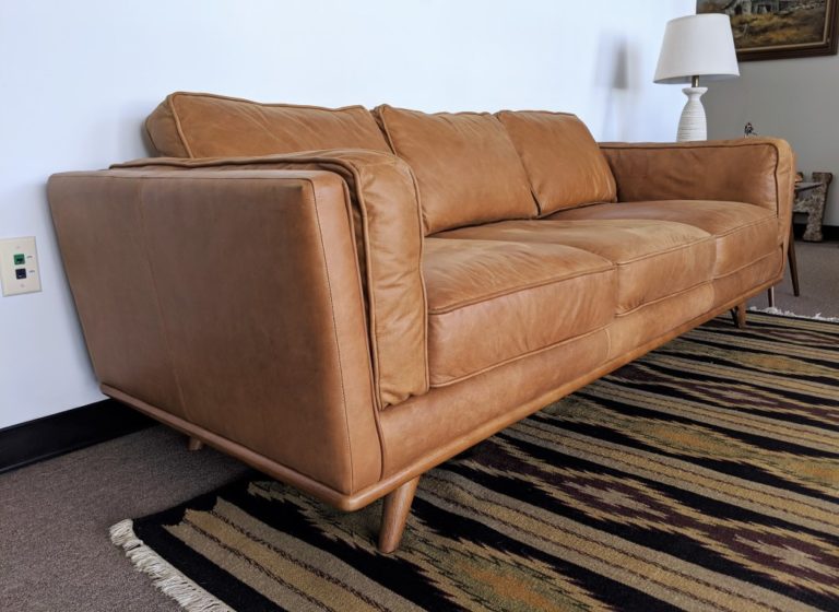 mid century tan leather sofa
