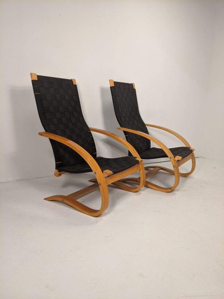 Vintage Bentwood Lounge Chairs, Black Cotton Belt Webbing