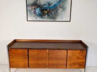 Walnut and Chrome Mid Century Modern Credenza, Bi-fold Doors
