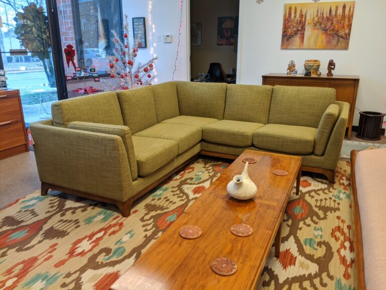 Modern Sectional Sofa in Avocado Green, Walnut Base, Article Furniture