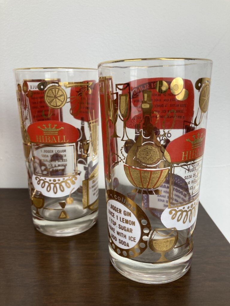 8 Gilded Highball Glasses, Brass Drink Caddy - EPOCH