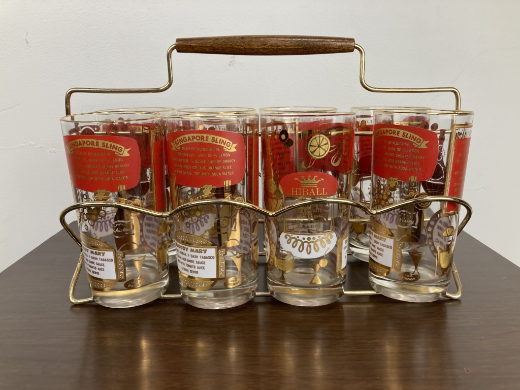 Jeannette Here's How Red and Gold Old Fashioned Glasses Set of 8 
