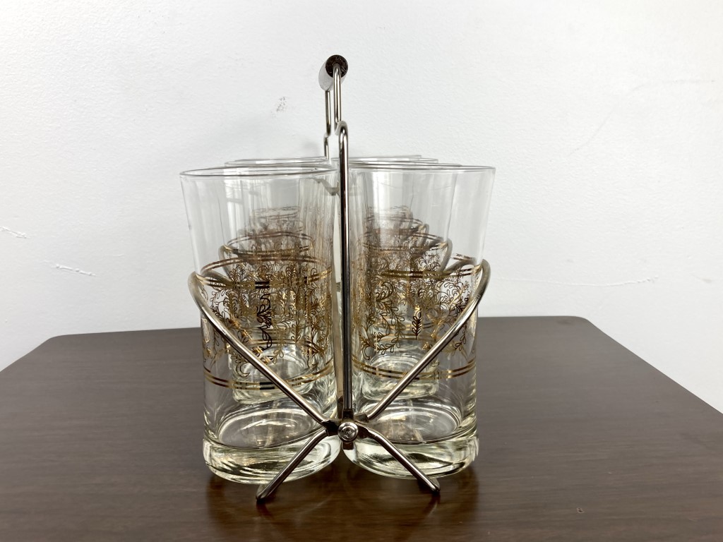 MCM Jeanette Glassware Set of 8 Glasses W/ Bar Caddy, 50s Gilded