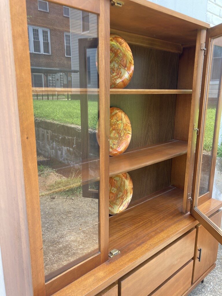 VINGLI Rustic Storage Cabinet With Glass Doors & Drawer - Solid Wood Showcase With Walnut Finish