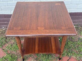Mid Century Modern Walnut End Table, Exposed Dovetails, Lower Shelf, Black Ferrules