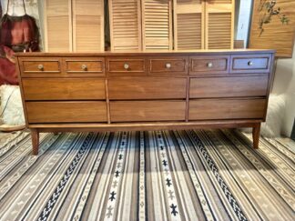 Dixie Triple Low Walnut Dresser, Mid Century Modern Vintage