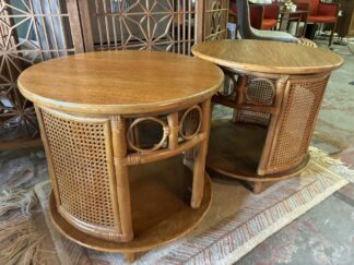 2 Round Bamboo & Cane Side, End Tables