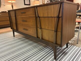 Mid Century Modern Triple Walnut Low Dresser, Sculpted Wood Accents