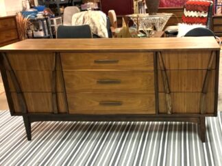 Mid Century Modern Triple Walnut Low Dresser, Sculpted Wood Accents