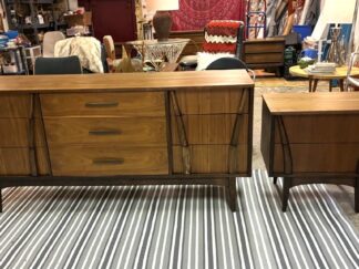 Walnut 9 Drawer Low Dresser, Matching Nightstand Set, Sculpted Wood Accents