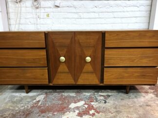 American of Martinsville Triple Walnut Low Dresser, Contrasting Diamond Veneer Doors