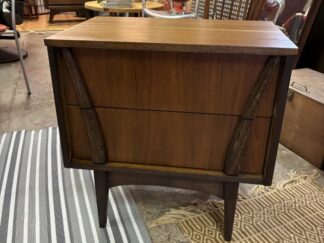 MCM Walnut 2 Drawer Nightstand, Sculpted Wood Accents
